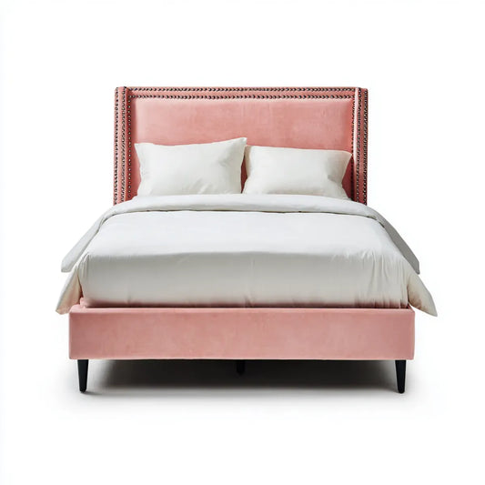 Letto matrimoniale imbottito rosa in velluto di poliestere rettangolare 160 x 200 cm