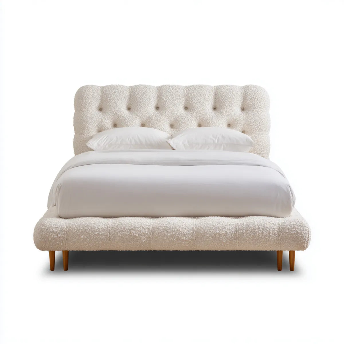 Letto matrimoniale imbottito avorio 160 x 200 cm in poliestere bouclé con testiera capitonné rettangolare