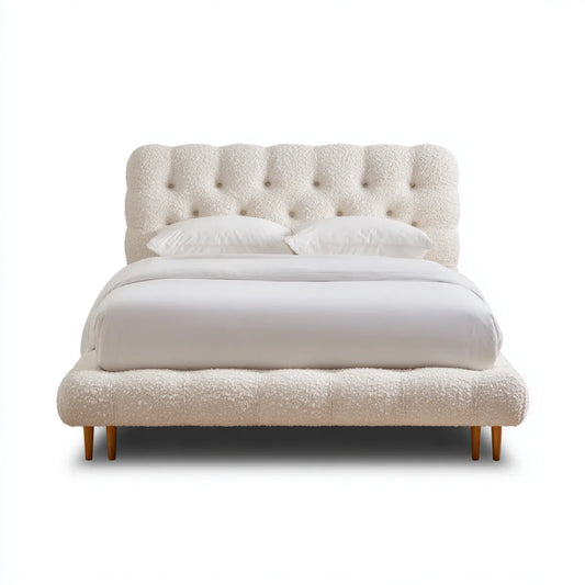 Letto matrimoniale imbottito avorio 160 x 200 cm in poliestere bouclé con testiera capitonné rettangolare