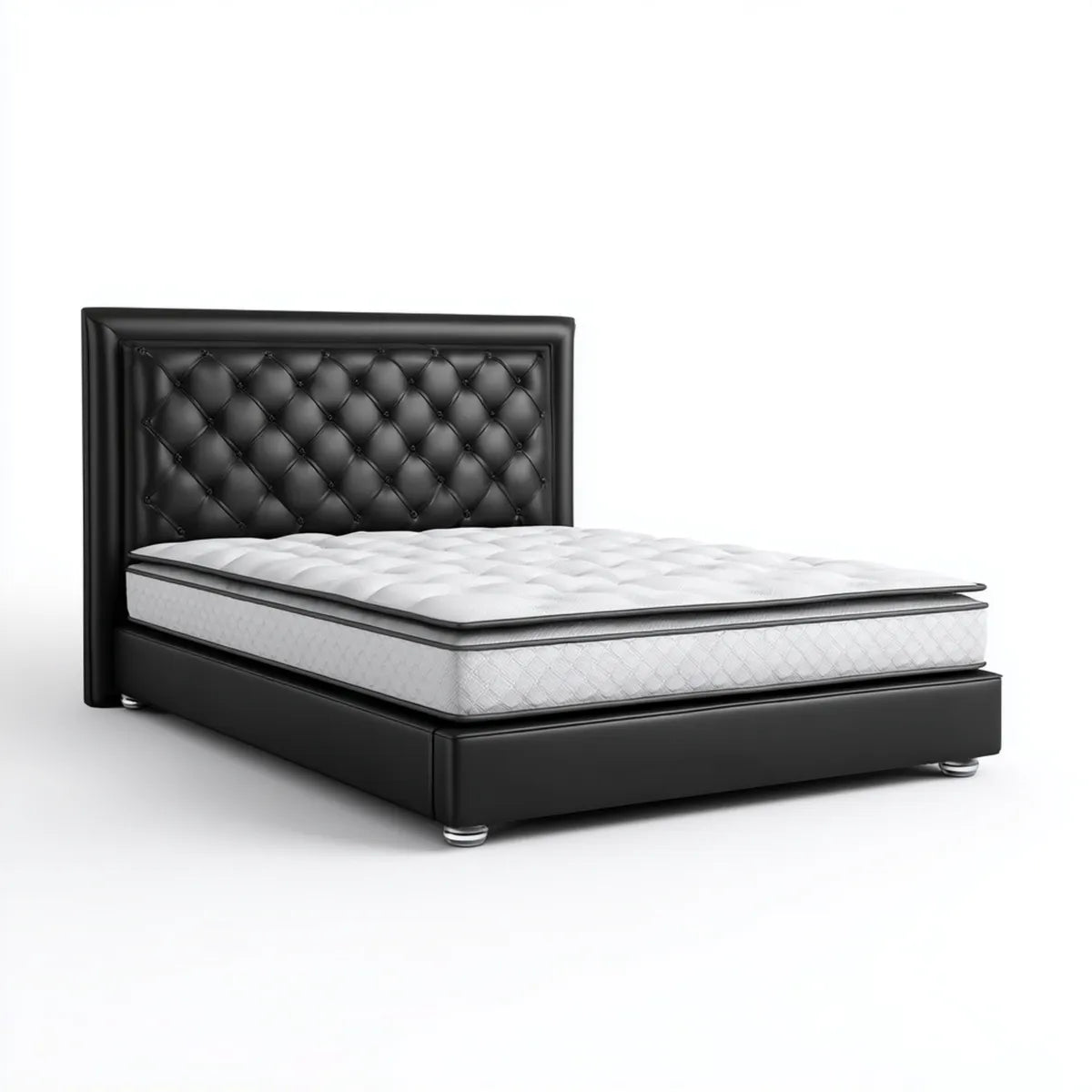 Letto matrimoniale imbottito nero 160 x 200 cm in pelle sintetica PU con testiera capitonné e materasso