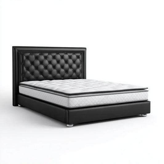 Letto matrimoniale imbottito nero 160 x 200 cm in pelle sintetica PU con testiera capitonné e materasso