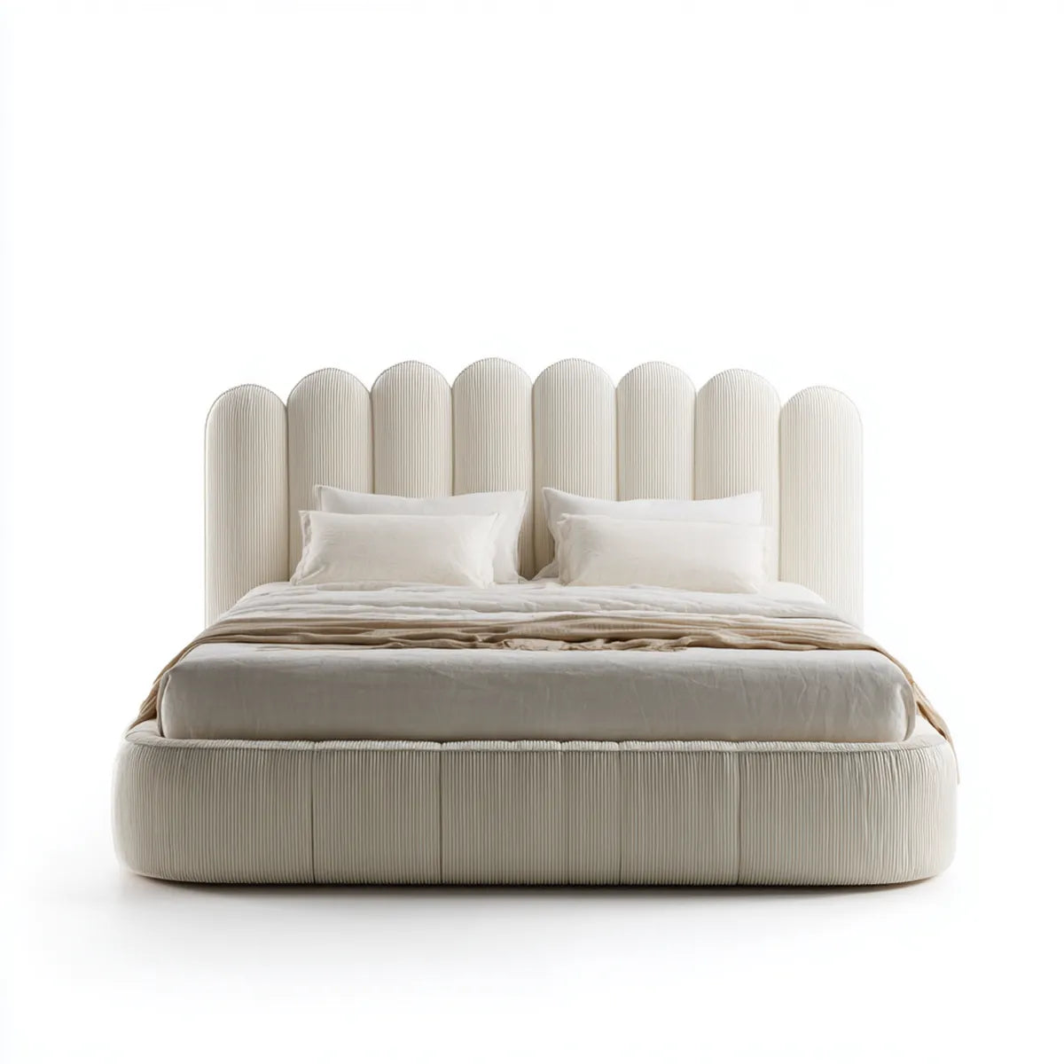 Letto matrimoniale imbottito beige 160 x 200 cm in poliestere con testiera arcuata
