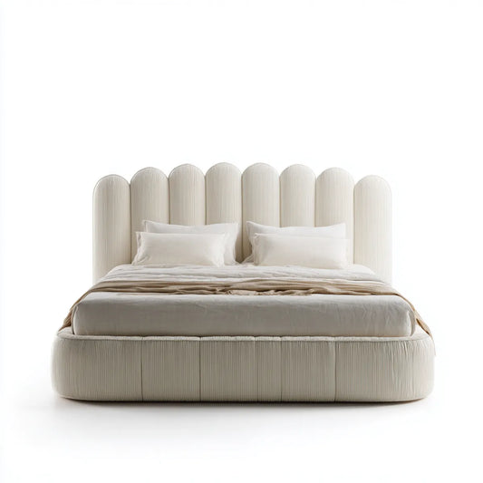 Letto matrimoniale imbottito beige 160 x 200 cm in poliestere con testiera arcuata